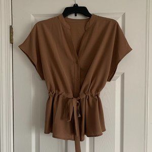 Chiffon Button Down V-Neck Peplum Tie Front Blouse (Dark Camel/Brown M)